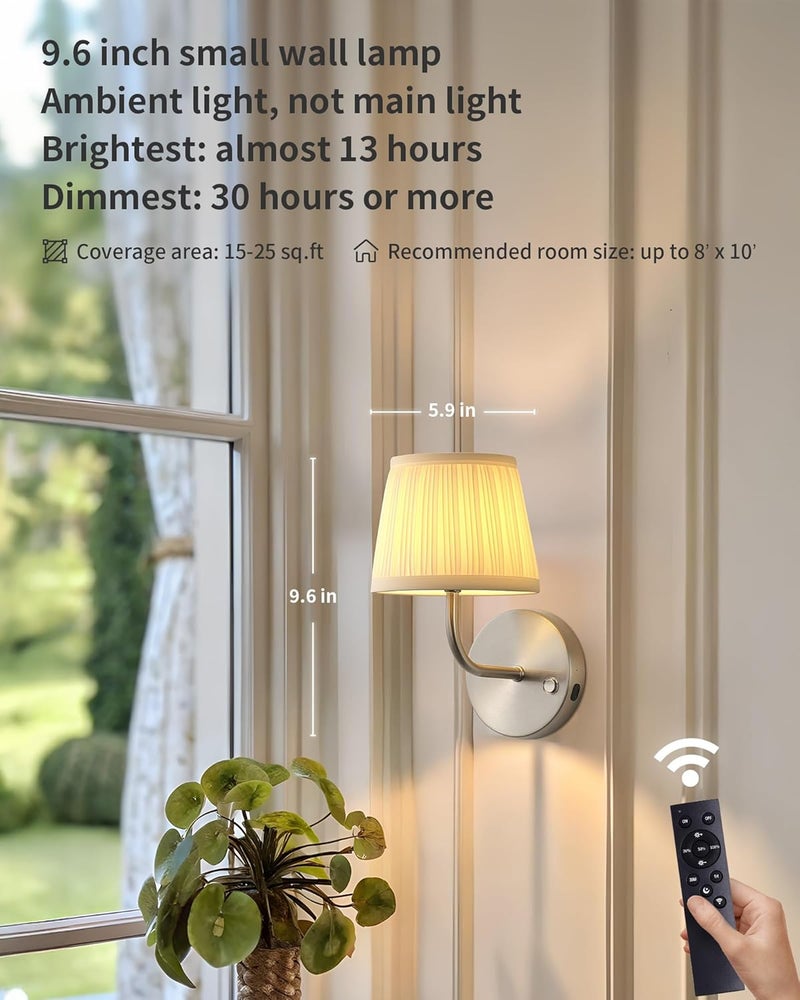 PUSU LED Cordless Nickel H9.6 inch Small Wall Sconces Set of 2, Rechargeable 5200mAh Battery Operated Wall Lamp with Remote, Lighting for Living Room, Bedroom, Hallway, Bathroom, Stairs, Kitchen - Image 2